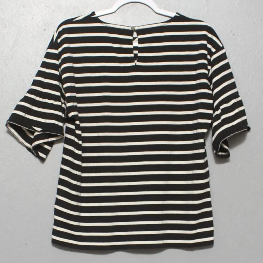 J Crew black and white stripe flare short sleeve blouse